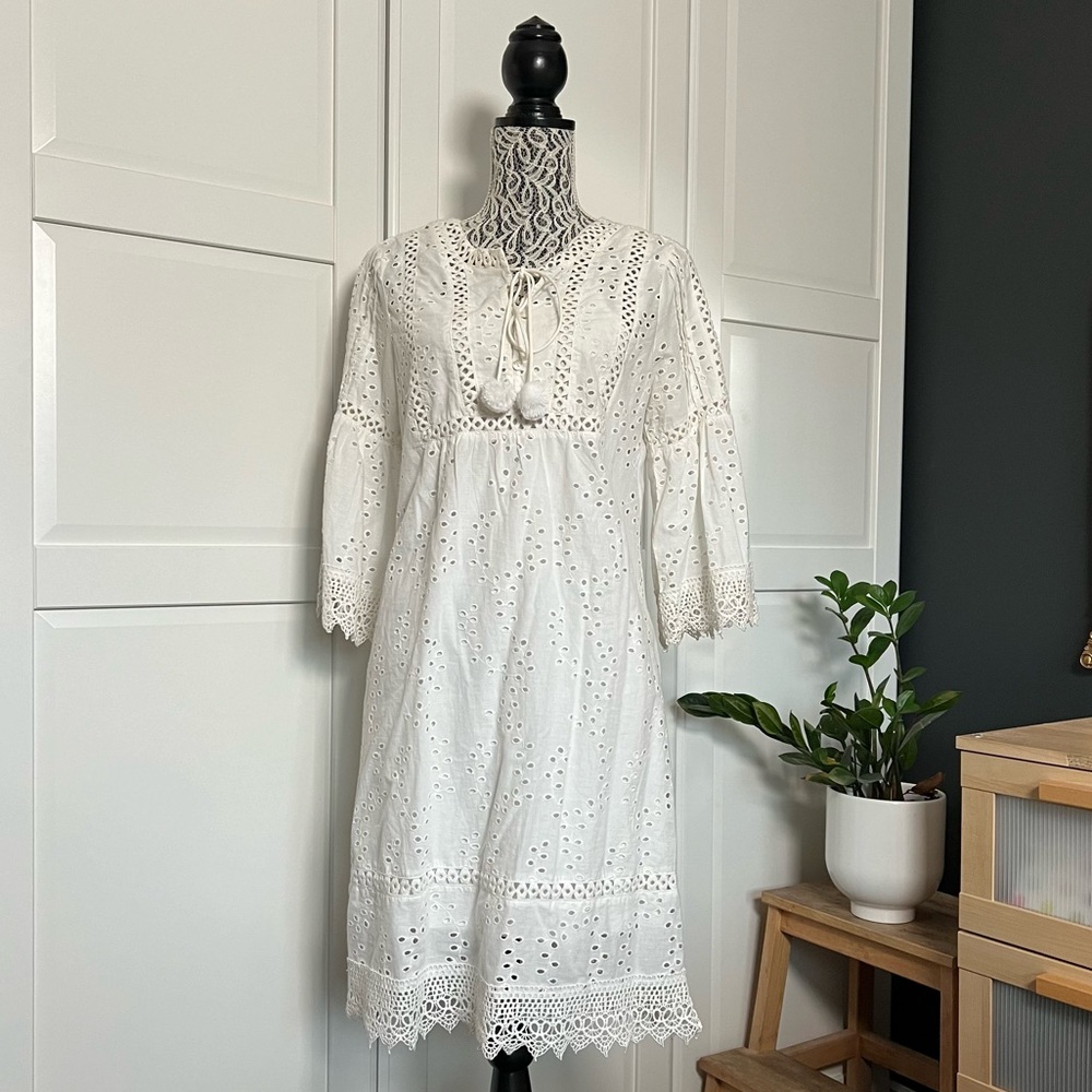EUC l.o.v. white eyelet lace schiffli dress with cute pom poms sz S